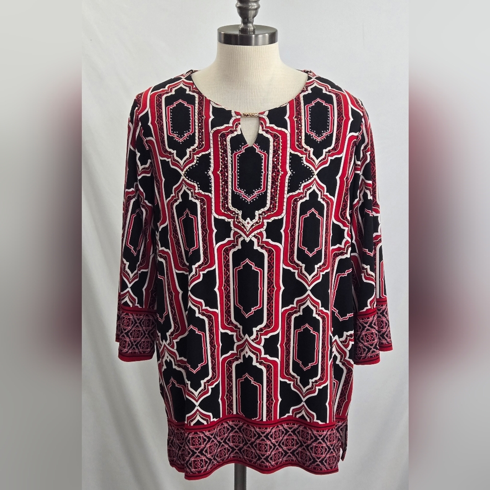 JM Collection Size 2x Women's Red Black White Patterned 3/4 Sleeve Blouse